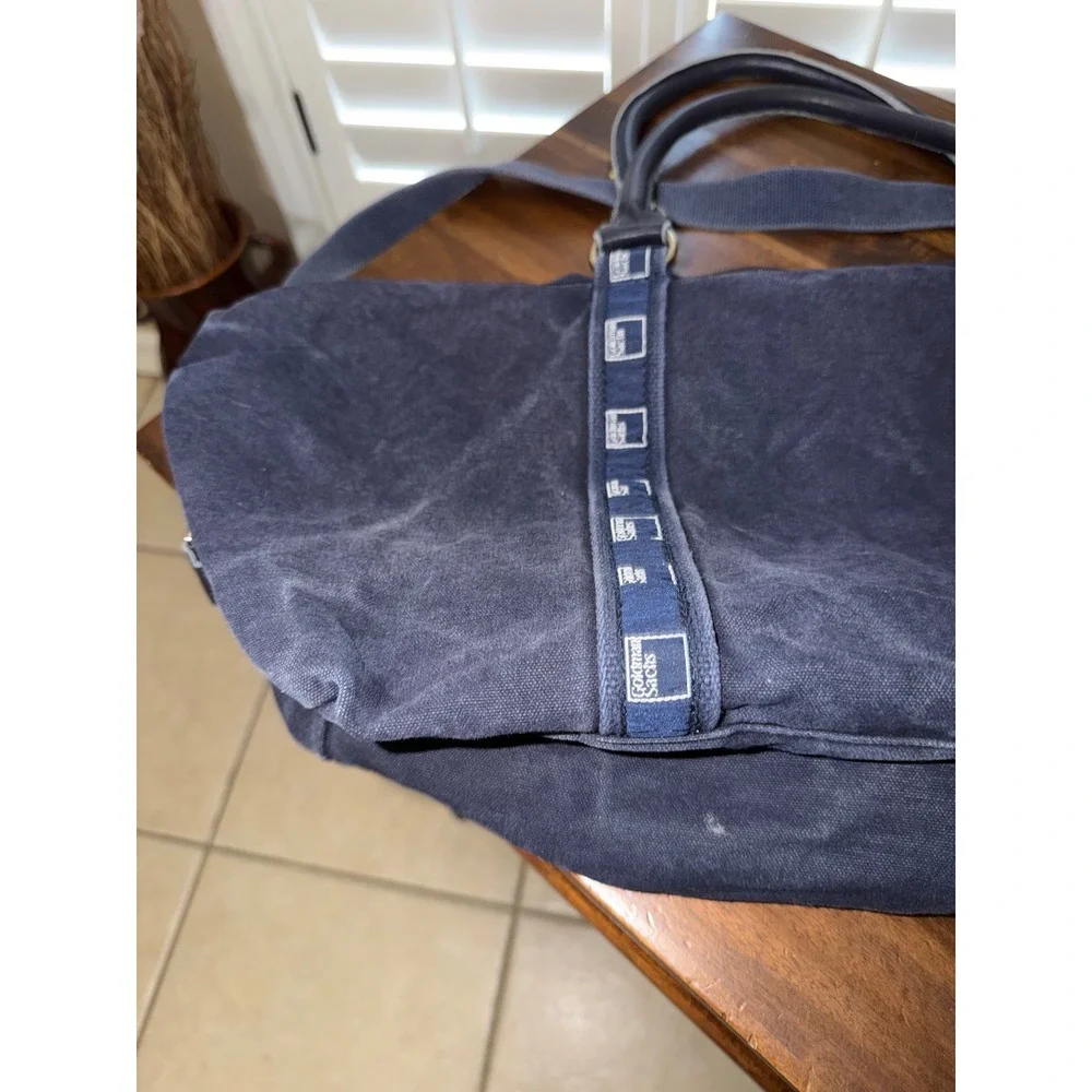 Goldman Sachs Navy Blue Canvas Duffel Bag Leather Trim Travel Weekend Gym Bag